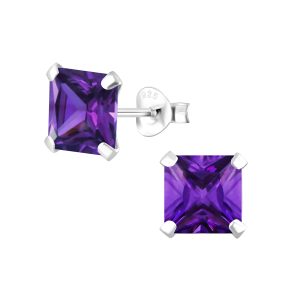 7mm Square Cubic Zirconia Silver Stud Earrings - 1335