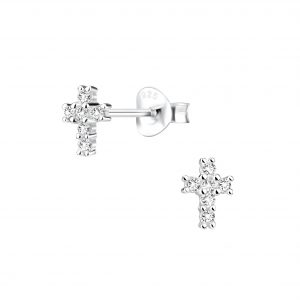 Silver Cross Cubic Zirconia Stud Earrings - 1285