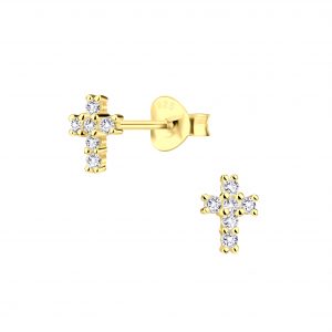 Silver Cross Cubic Zirconia Stud Earrings - 7801