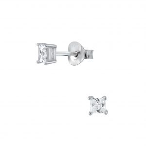 3mm Square Cubic Zirconia Silver Stud Earrings - 2052