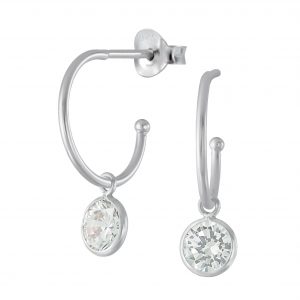 Silver Half Hoop Stud Earrings With Hanging Cubic Zirconia - 2540