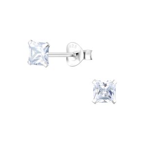 4mm Square Cubic Zirconia Silver Stud Earrings - 1332