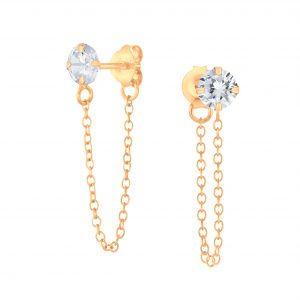 4mm Round Cubic Zirconia Silver Stud Earrings with Chain - 4549 4mm Round Cubic Zirconia Silver Stud Earrings with Chain - 4549