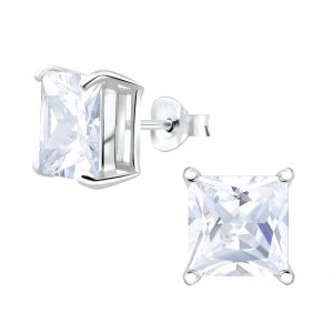 8mm Square Cubic Zirconia Silver Stud Earrings - 4744 8mm Square Cubic Zirconia Silver Stud Earrings - 4744