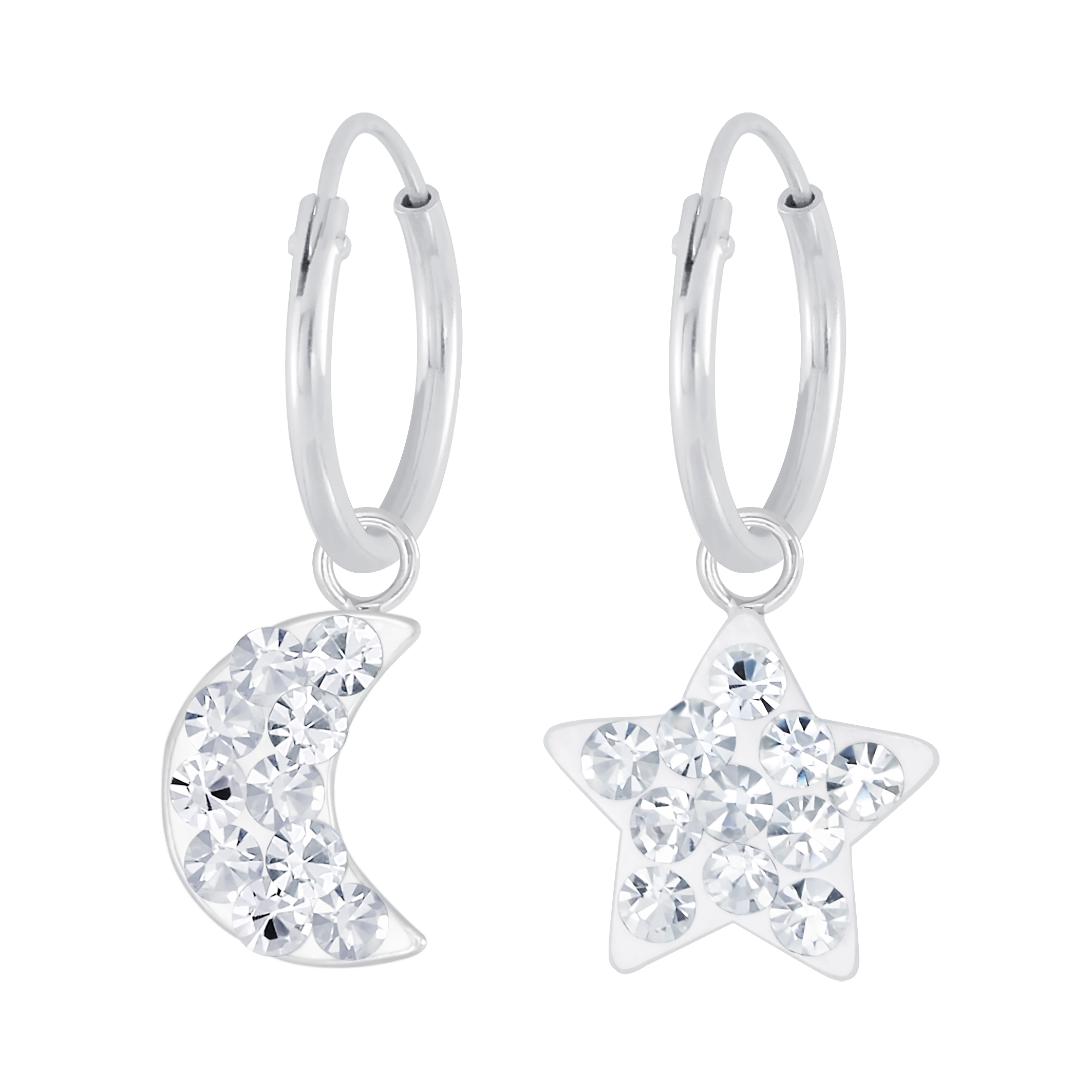 Silver Moon and Star Charm Hoop Earrings - 925 Silver Jewelry