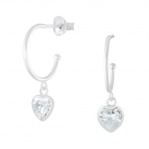 Silver Half Hoop with Hanging Heart Stud Earrings - 5726 Silver Half Hoop with Hanging Heart Stud Earrings - 5726