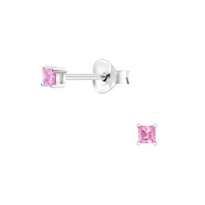 2mm Square Cubic Zirconia Silver Stud Earrings - 5593