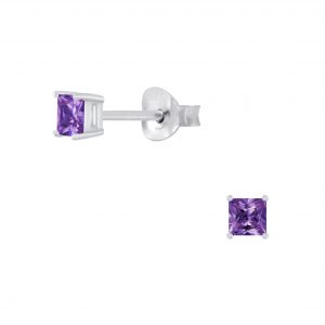 3mm Square Cubic Zirconia Silver Stud Earrings - 2052