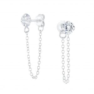4mm Round Cubic Zirconia Silver Stud Earrings with Chain - 6203 4mm Round Cubic Zirconia Silver Stud Earrings with Chain - 6203