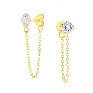 4mm Round Cubic Zirconia Silver Stud Earrings with Chain - 6654 4mm Round Cubic Zirconia Silver Stud Earrings with Chain - 6654