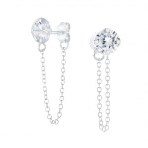 6mm Round Cubic Zirconia Silver Stud Earrings with Chain - 6204 6mm Round Cubic Zirconia Silver Stud Earrings with Chain - 6204