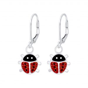 Silver Ladybug Lever Back Earrings - 6938