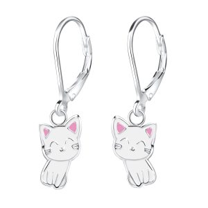 Silver Cat Lever Back Earrings - 7126
