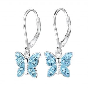 Silver Butterfly Crystal Lever Back Earrings - 8164