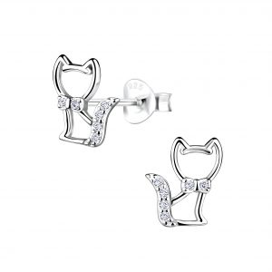 Silver Cat Stud Earrings - 8723