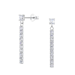 Silver Square Stud Earrings with Hanging Tennis Chain - 20531