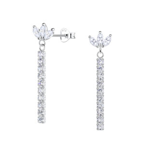 Silver Flower Stud Earrings with Hanging Tennis Chain - 20533 Silver Flower Stud Earrings with Hanging Tennis Chain - 20533