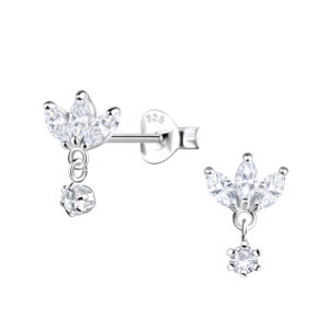 Silver Flower Stud Earrings with Hanging Stone - 21184 Silver Flower Stud Earrings with Hanging Stone - 21184
