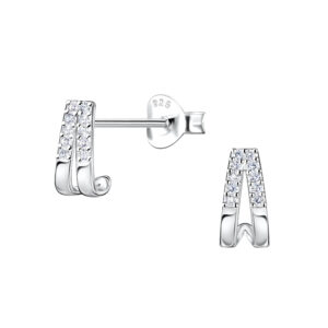 Silver Double Line Half Hoop Stud Earrings  - 22423