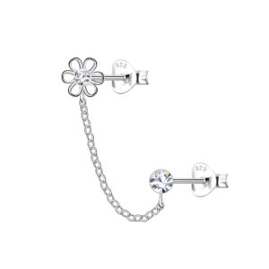 Silver Flower Double Stud Earrings with Chain - 22455 Silver Flower Double Stud Earrings with Chain - 22455