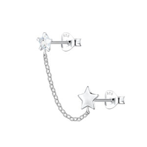 Silver Star Double Stud Earrings with Chain - 22458