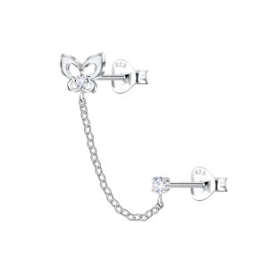 Silver Butterfly Double Stud Earrings with Chain - 22459
