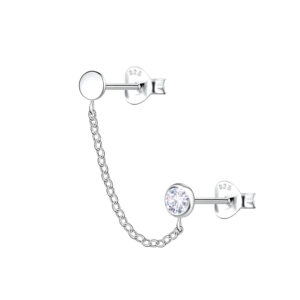 Silver Round Double Stud Earrings with Chain - 22461
