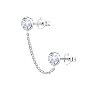 Silver Round Double Stud Earrings with Chain - 22467