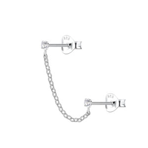 Silver Double Stud Earrings with Chain - 22469