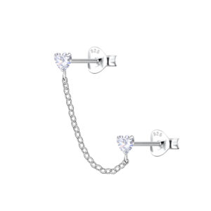 Silver Heart Double Stud Earrings with Chain - 22470