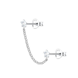 Silver Star Double Stud Earrings with Chain - 22471