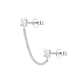 Silver Square Double Stud Earrings with Chain - 22472