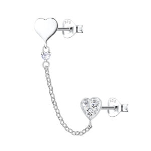 Silver Heart Double Stud Earrings with Chain - 22478