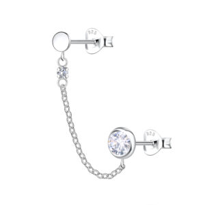 Silver Round Double Stud Earrings with Chain - 22480