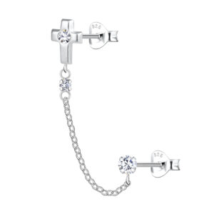 Silver Cross Double Stud Earrings with Chain - 22481