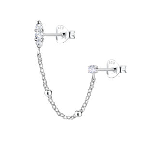 Silver Double Stud Earrings with Ball Chain - 22482