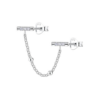 Silver Bar Double Stud Earrings with Chain - 22488 Silver Bar Double Stud Earrings with Chain - 22488
