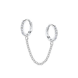 10mm Silver Double Huggie Earrings with Chain - 22564