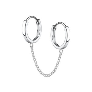 13mm Silver Double Huggie Earrings with Chain - 22565