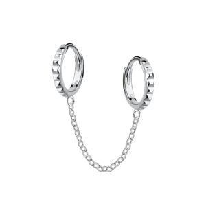 Silver Double Patterned Huggie Earrings with Chain - 22567