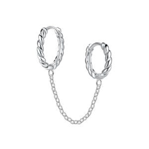 Silver Double Twisted Huggie Earrings with Chain - 22571