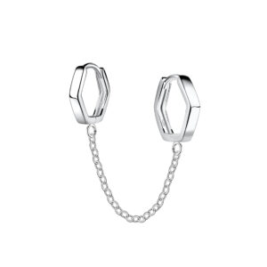 Silver Double Geometric Huggie Earrings with Chain - 22572