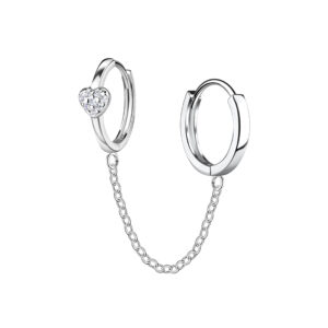 Silver Heart Double Huggie Earrings with Chain - 22575