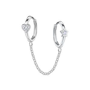Silver Heart and Star Double Huggie Earrings with Chain - 22577