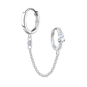 Silver Double Huggie Earrings with Chain - 22579