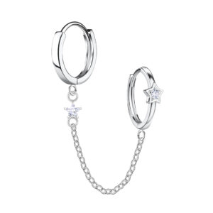 Silver Star Double Huggie Earrings with Chain - 22580