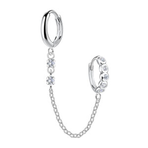 Silver Double Huggie Earrings with Chain - 22585