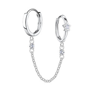 Silver Star Double Huggie Earrings with Chain - 22586