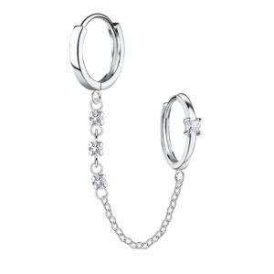 Silver Square Double Huggie Earrings with Chain - 22587