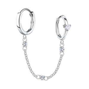 Silver Heart Double Huggie Earrings with Chain - 22588
